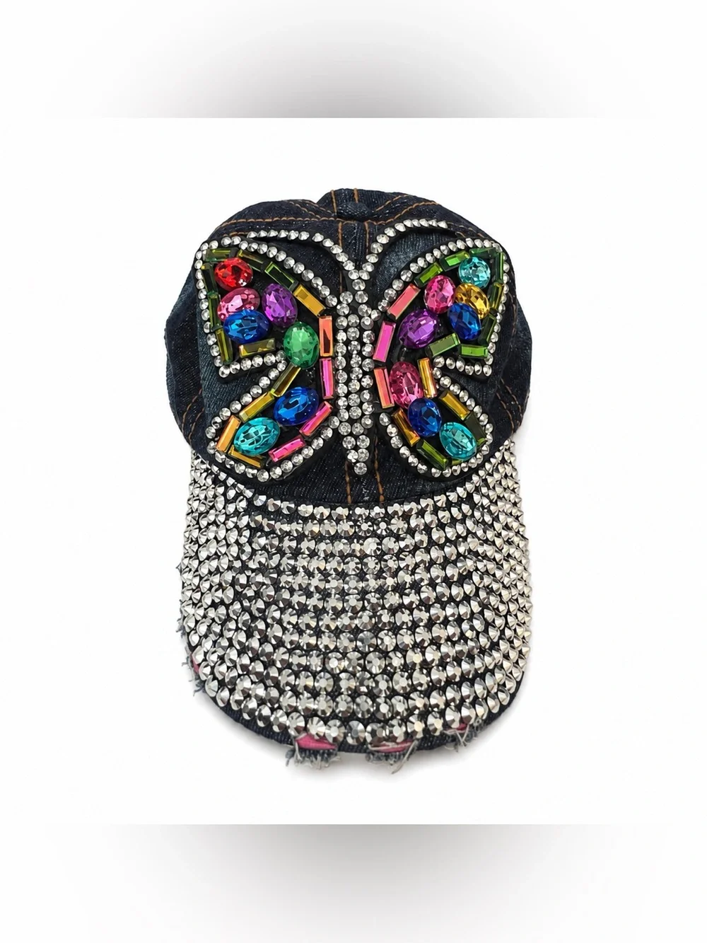 Y2K Washed Denim Hat With Rhinestone Detail & Gemstone Butterfly Accent